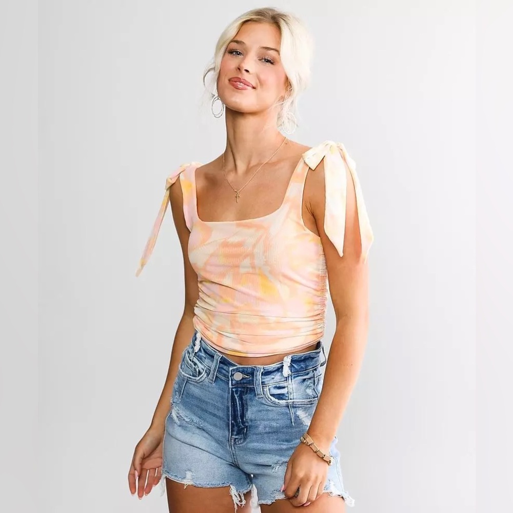 Free People Avenue Ruched Tank Top mesh size small orange and pink dye